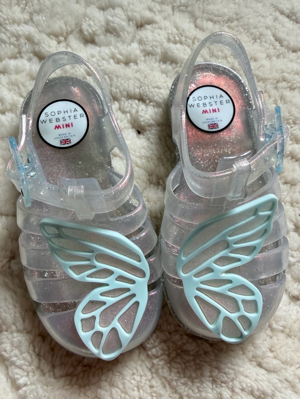 NWOT! Sophia Webster Mini Clear Glitter Jelly Sandals with Mint Butterfly Wings